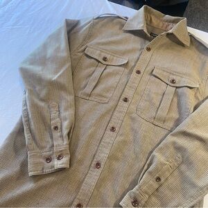 J Peterman Wool Overshirt Brown Striped Button Down Portugal Mens Small Epaulets